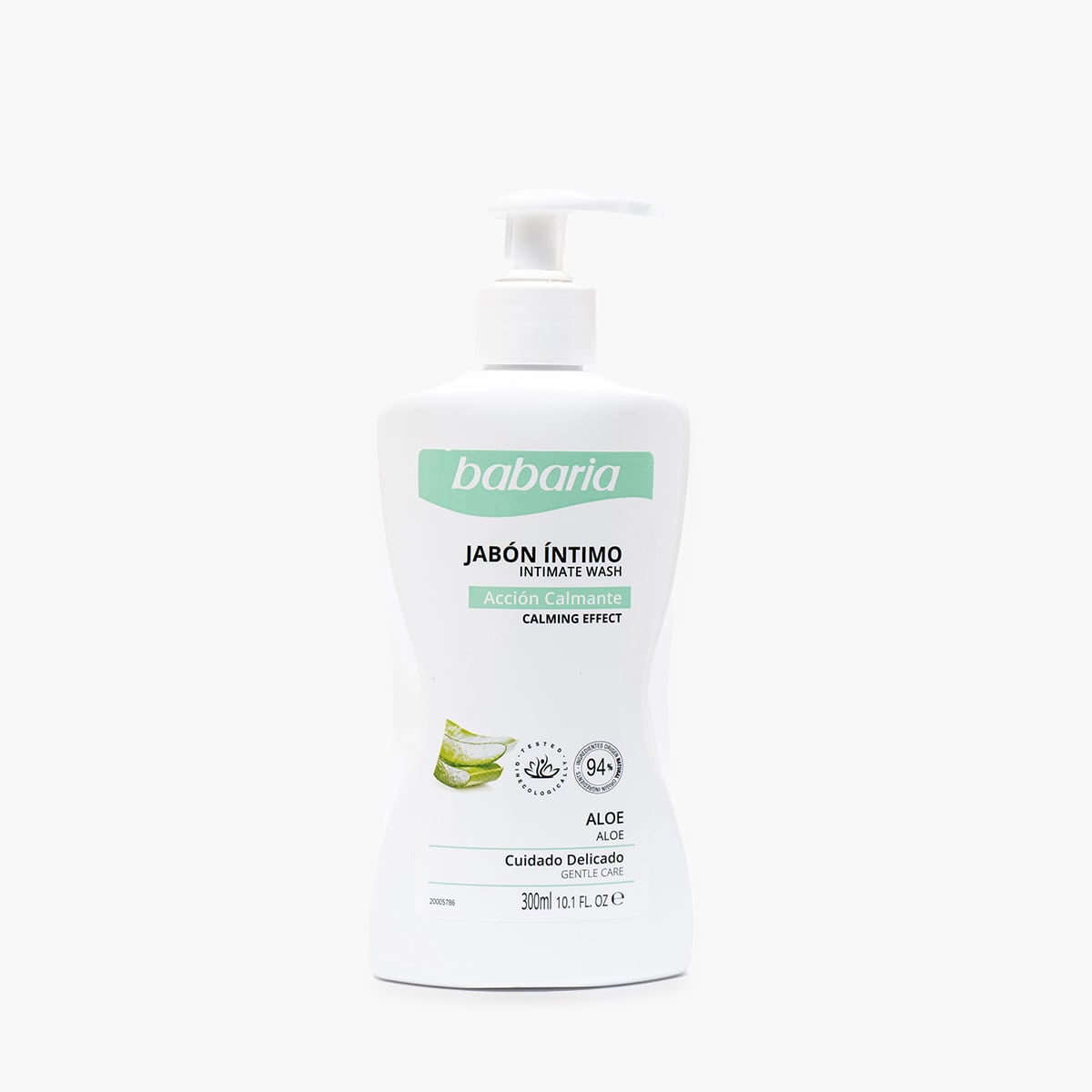 Garrafa branca de gel íntimo Babaria com doseador e rótulo verde e branco