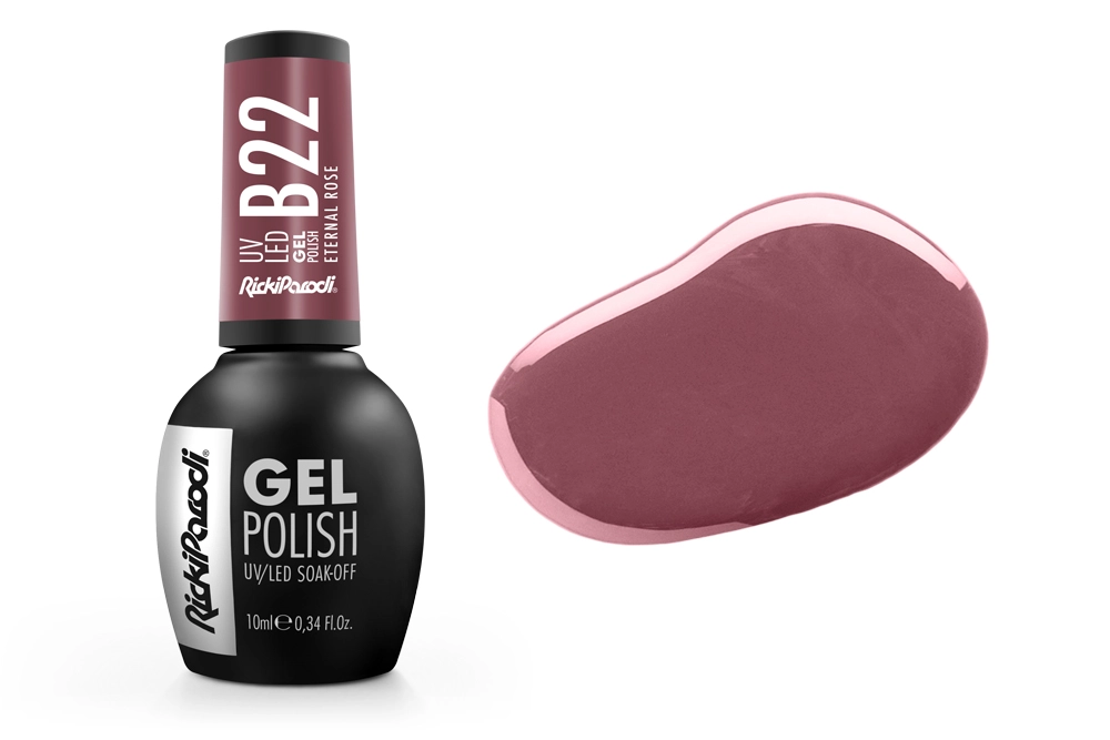 Frasco de verniz de gel para unhas preto com tampa cor de rosa antigo e amostra da cor