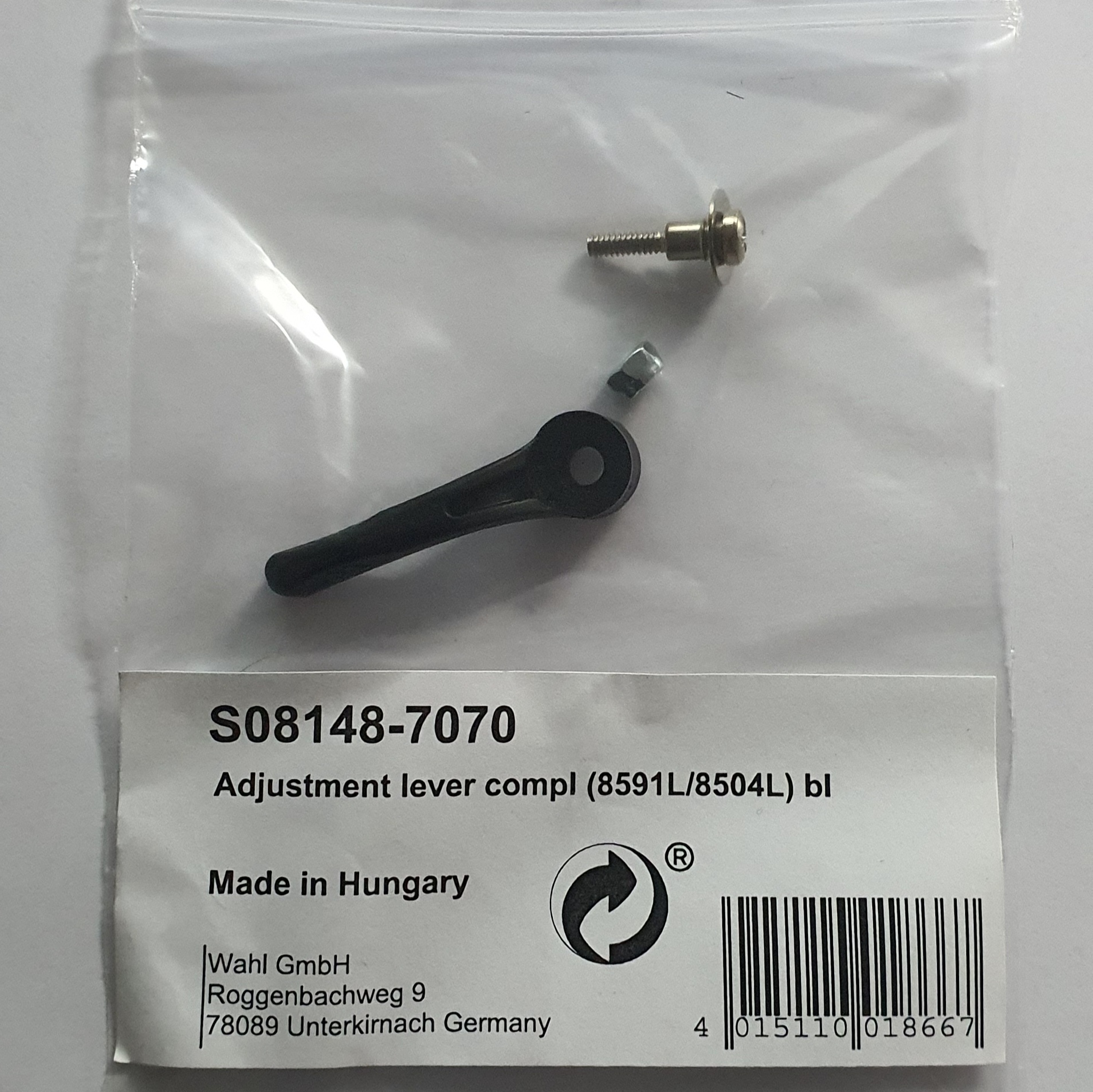 Pacote plástico com alavanca de ajuste preta, parafuso, porca e etiqueta com código e origem