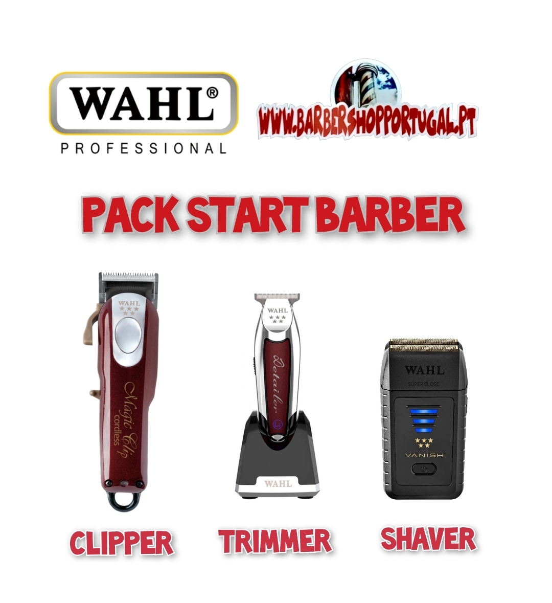 Pack Start Barber Wahl com clipper vermelho escuro, trimmer com base e shaver preto sobre fundo branco