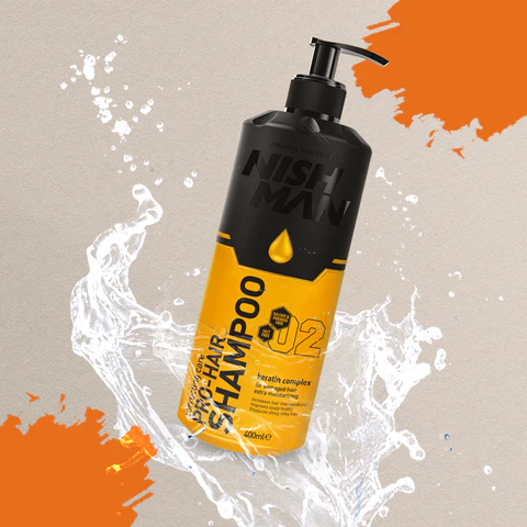 frasco de champô masculino amarelo e preto com dispensador
