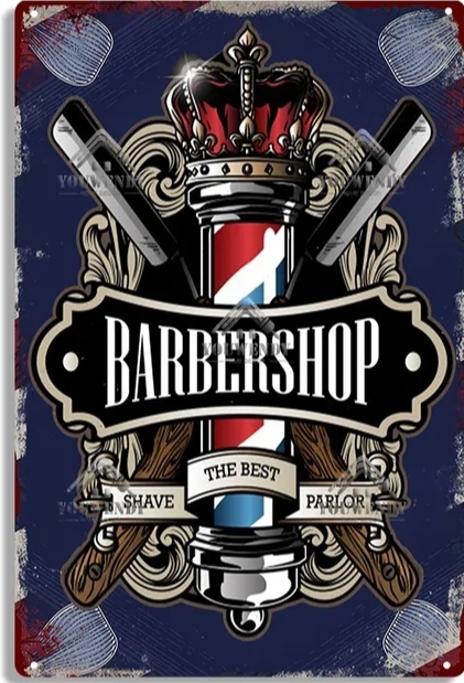 Placa decorativa de barbearia com poste de barbear e navalhas cruzadas
