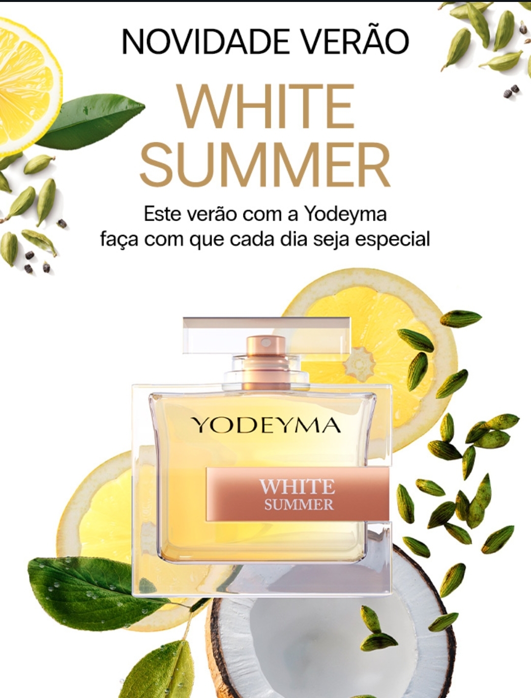Perfume Yodeyma White Summer com limão, folhas e coco