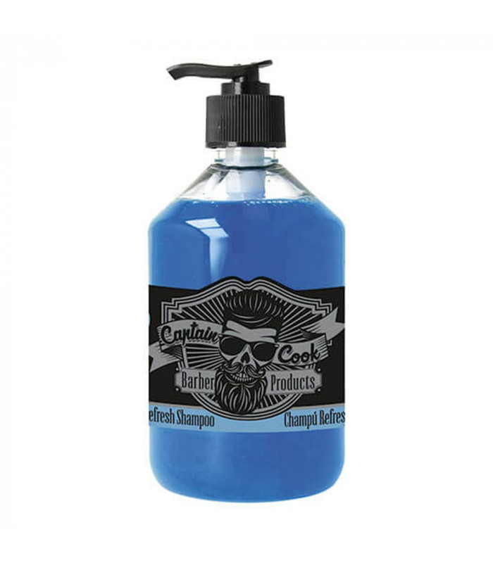 Frasco de shampoo azul com tampa de bomba e rótulo preto com caveira e texto