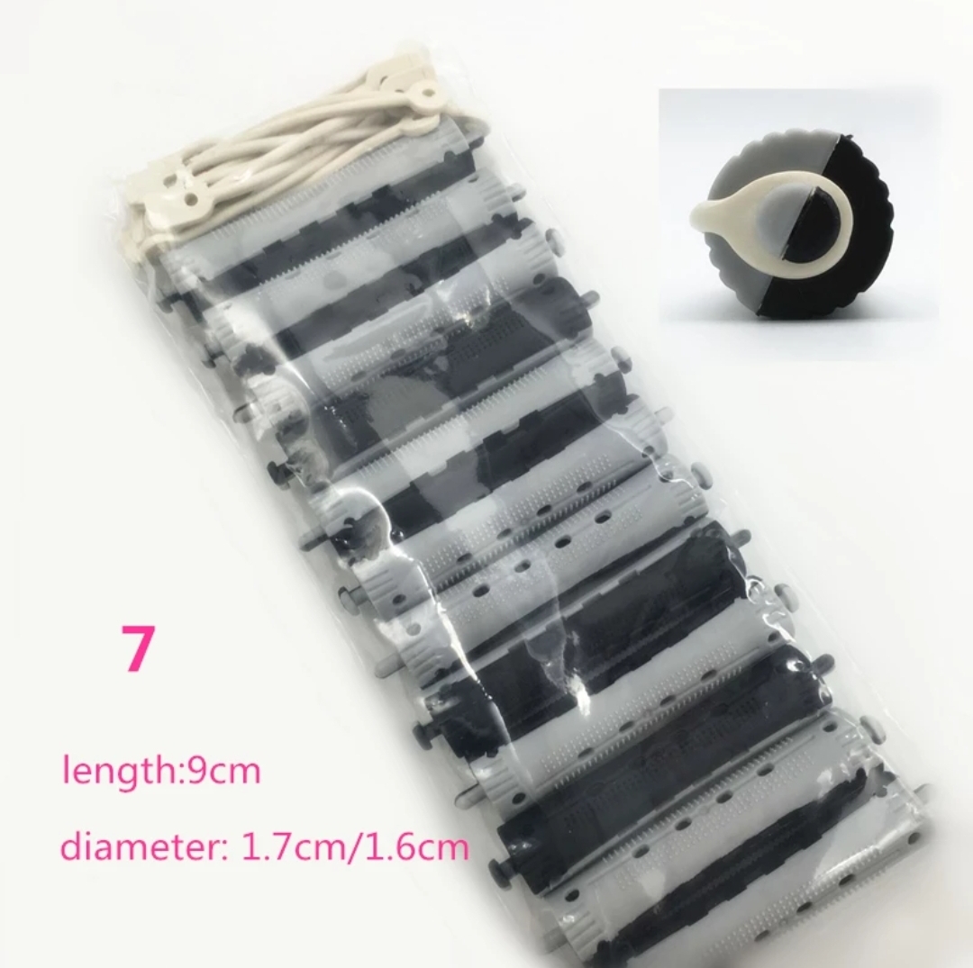 Conjunto de bobinas de cabelo em plástico com clipes, embaladas, com texto indicando medidas.