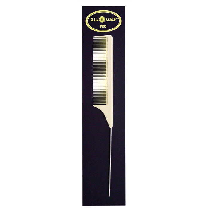 Pente branco com cabo metálico fino sobre fundo negro