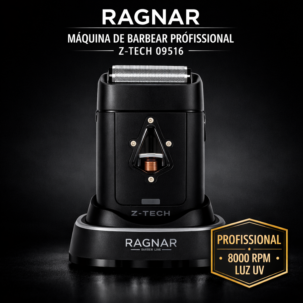 Máquina de barbear profissional preta da marca RAGNAR com base de apoio e texto 8000 RPM e luz UV