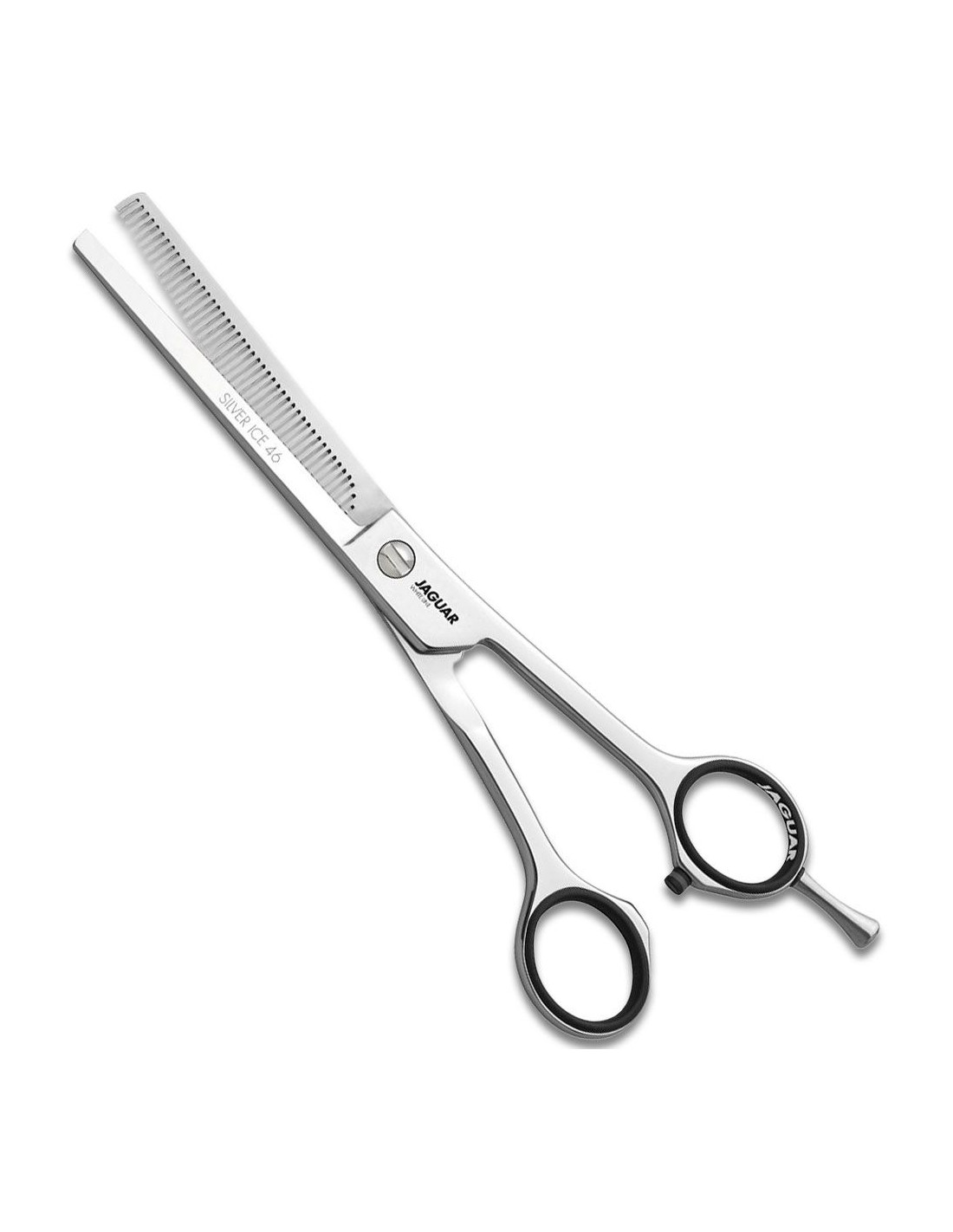 Tesoura de desbaste para cabelo em metal prateado e detalhes pretos