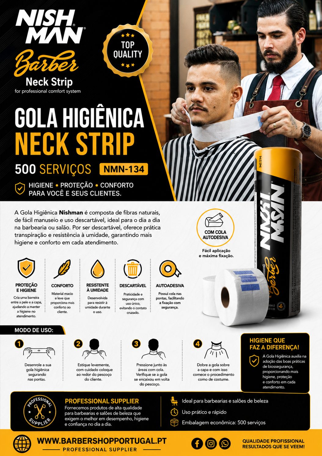 Gola Higiénica Neck Strip Nishman usada em barbearia com descrição, embalagem preta e amarela e modo de uso.