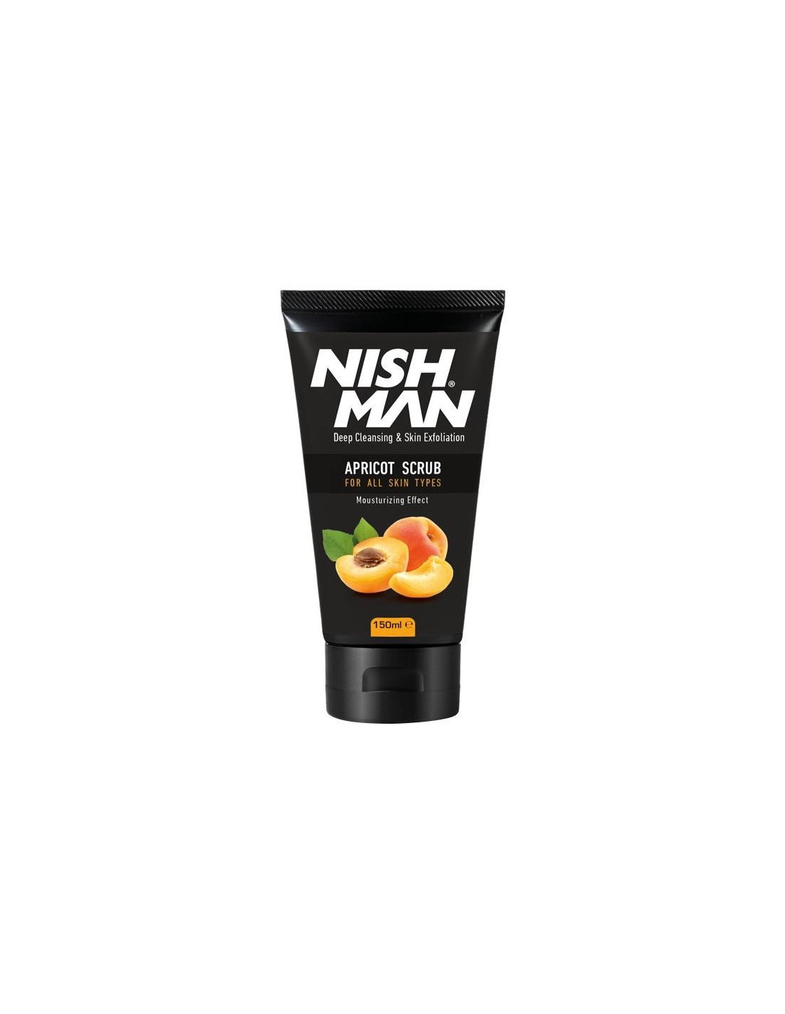 Esfoliante facial NISH MAN em tubo preto com imagem de damascos no rótulo