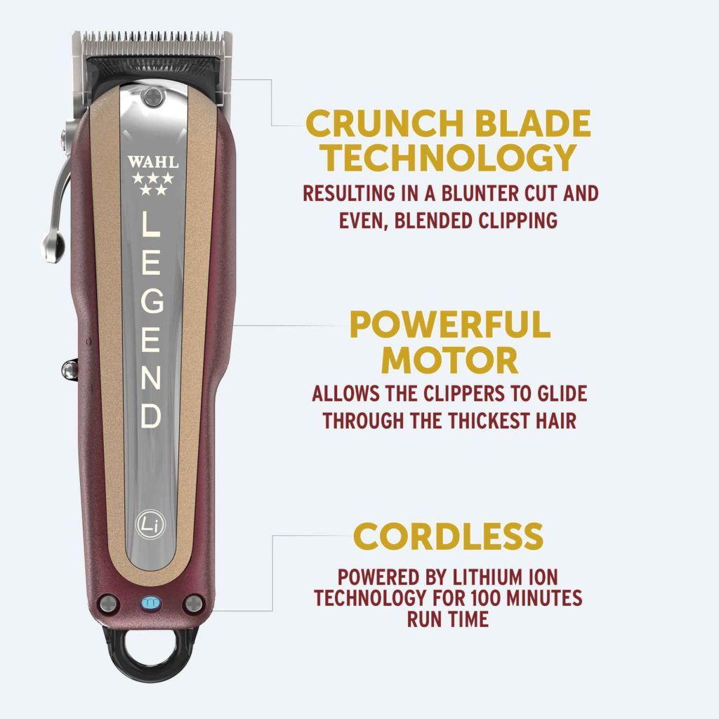 Máquina de cortar cabelo WAHL LEGEND castanha e dourada com texto informativo ao lado