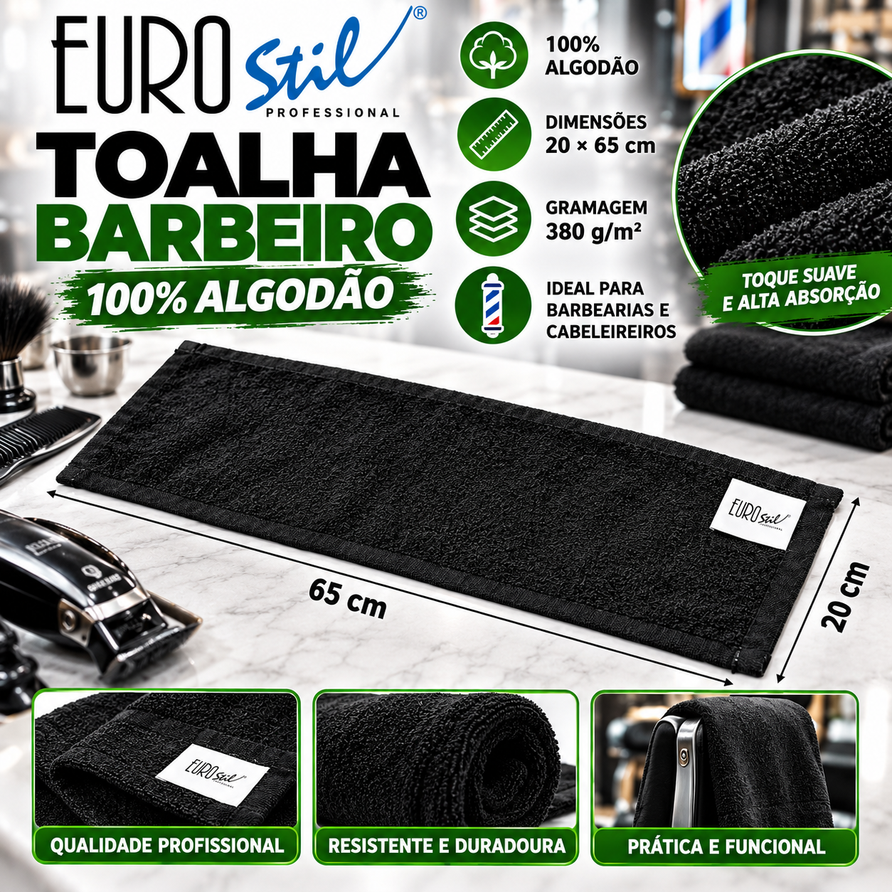 Toalha de barbeiro preta 100% algodão Euro Stil com indicação de medidas e características