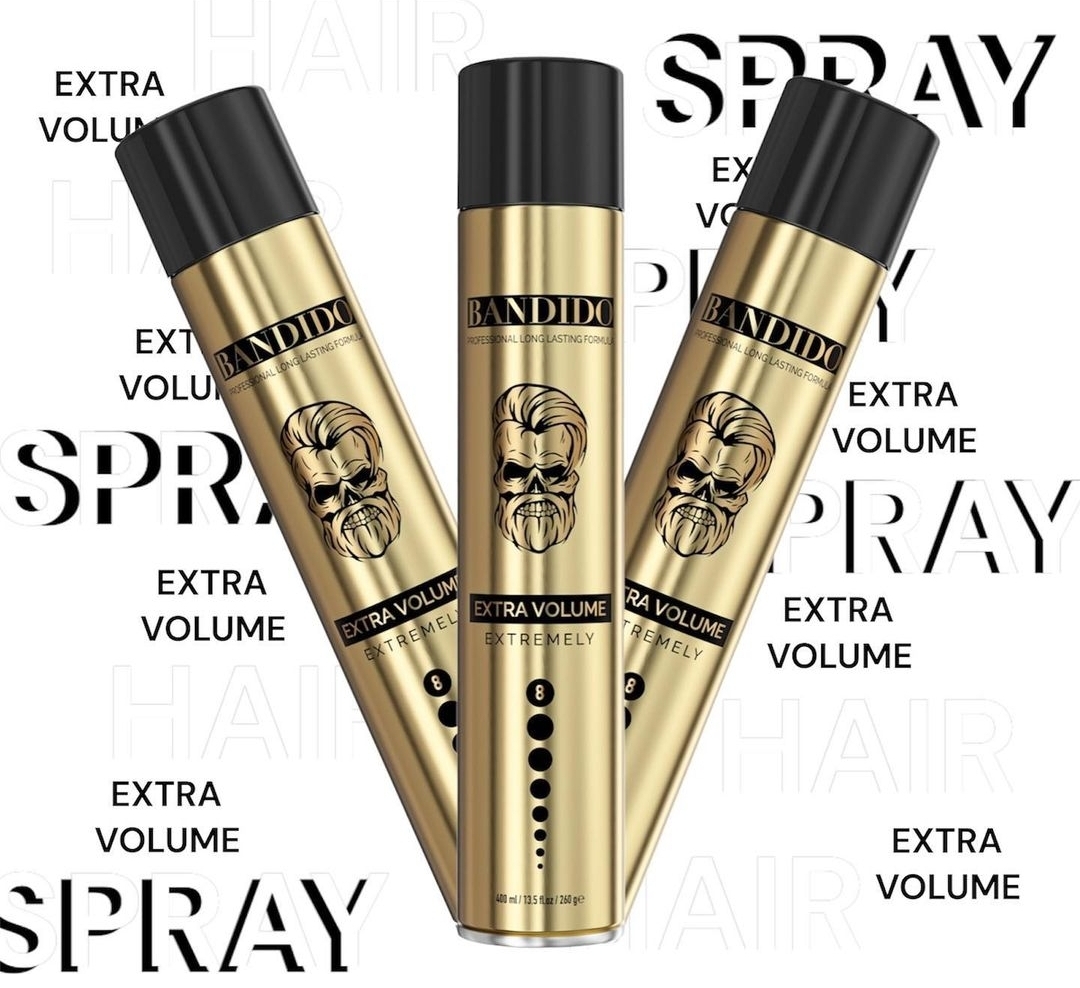 Três frascos dourados de spray para cabelo Bandido Extra Volume