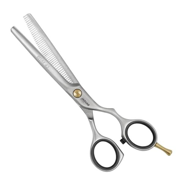 Tesoura de cabelo metálica prateada com dentes de desbaste