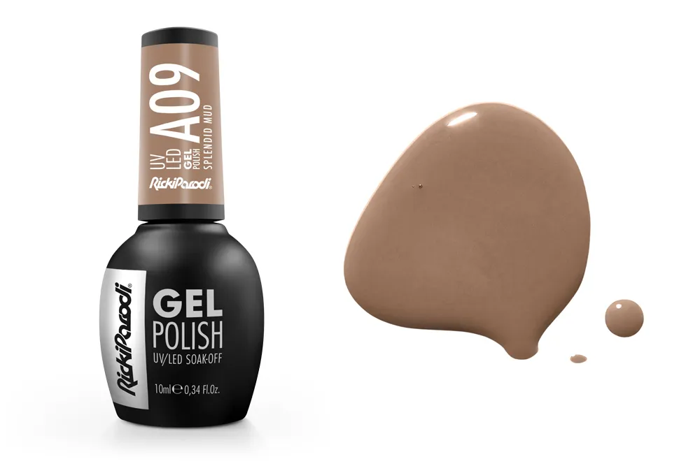 Esmalte em gel RickiParodi A09 castanho claro com frasco preto fosco e tampa castanha