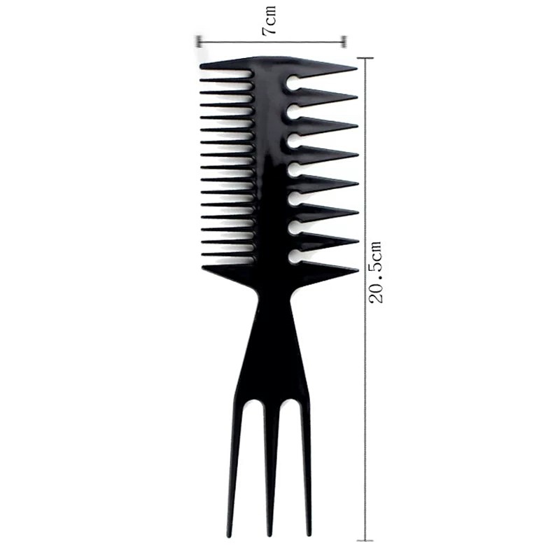 Pente preto de plástico com dentes estreitos e largos, com medidas 7x20,5 cm.