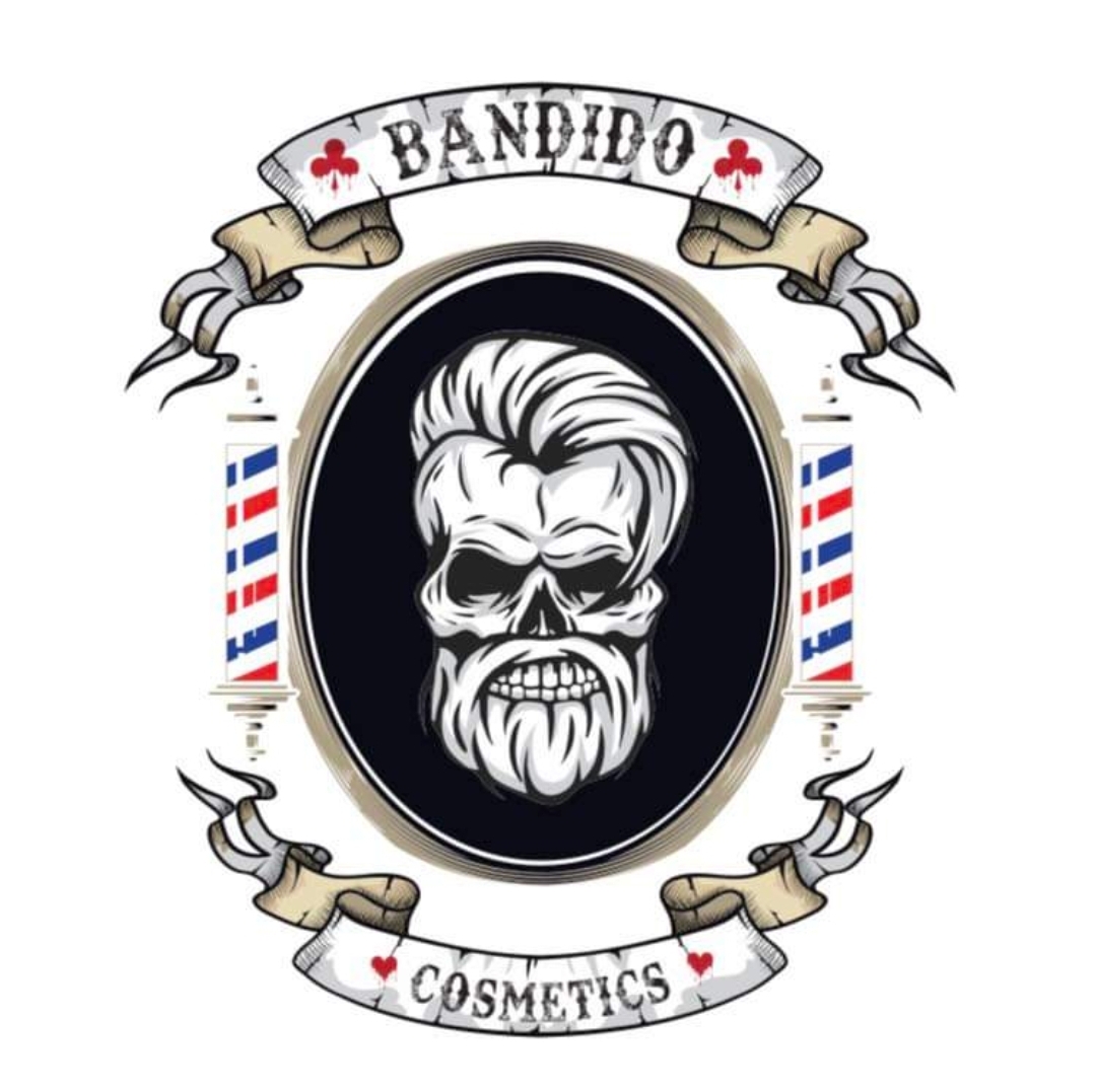 Logótipo de 'BANDIDO COSMETICS' com caveira estilizada e elementos de barbearia