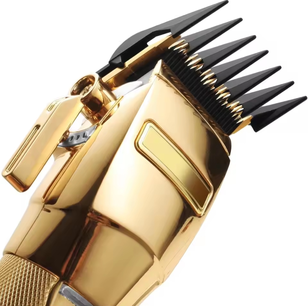 Máquina de cortar cabelo dourada com pente ajustável preto