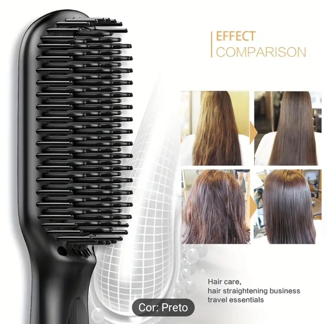 Escova alisadora de cabelo preta com comparação de efeito antes e depois