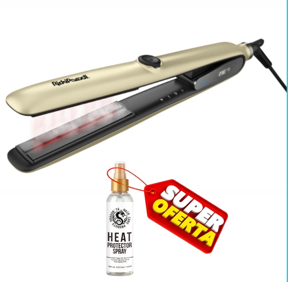Alisador de cabelo dourado com spray protetor térmico e rótulo de oferta