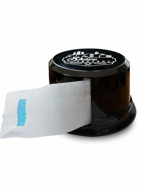 Dispenser preto de tecido com tecido branco e faixa azul