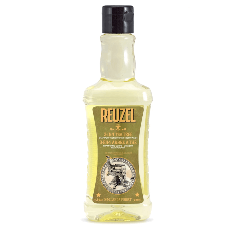 Frasco de shampoo 3 em 1 Reuzel com etiqueta verde e texto amarelo