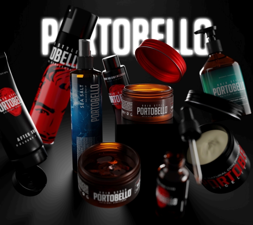 Produtos de cuidado masculino da marca PORTOBELLO em frascos e tubos coloridos sobre fundo escuro.