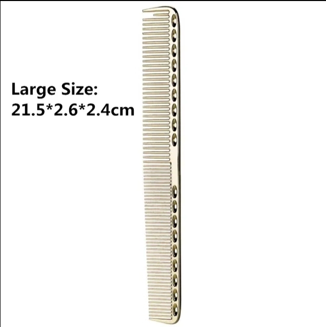 Pente creme com design de olhos e texto de dimensões em fundo branco