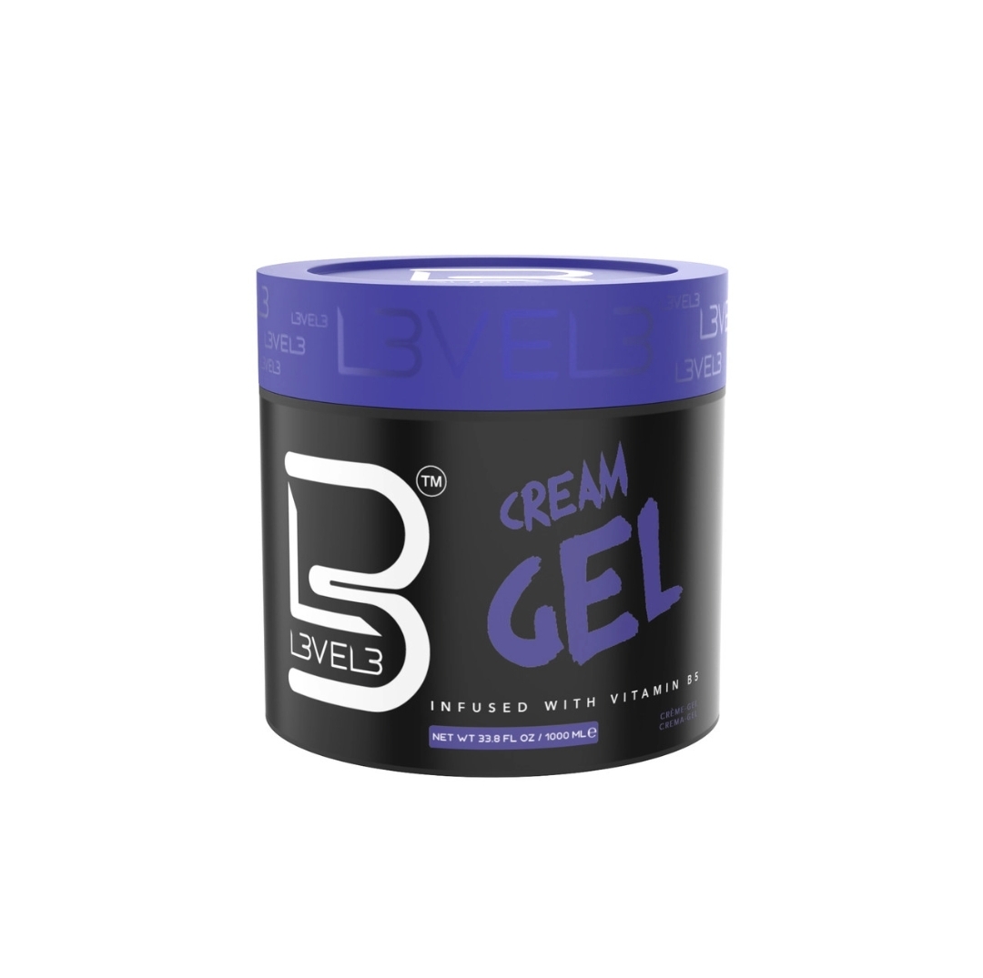 Embalagem preta de creme em gel Level3 com tampa roxa