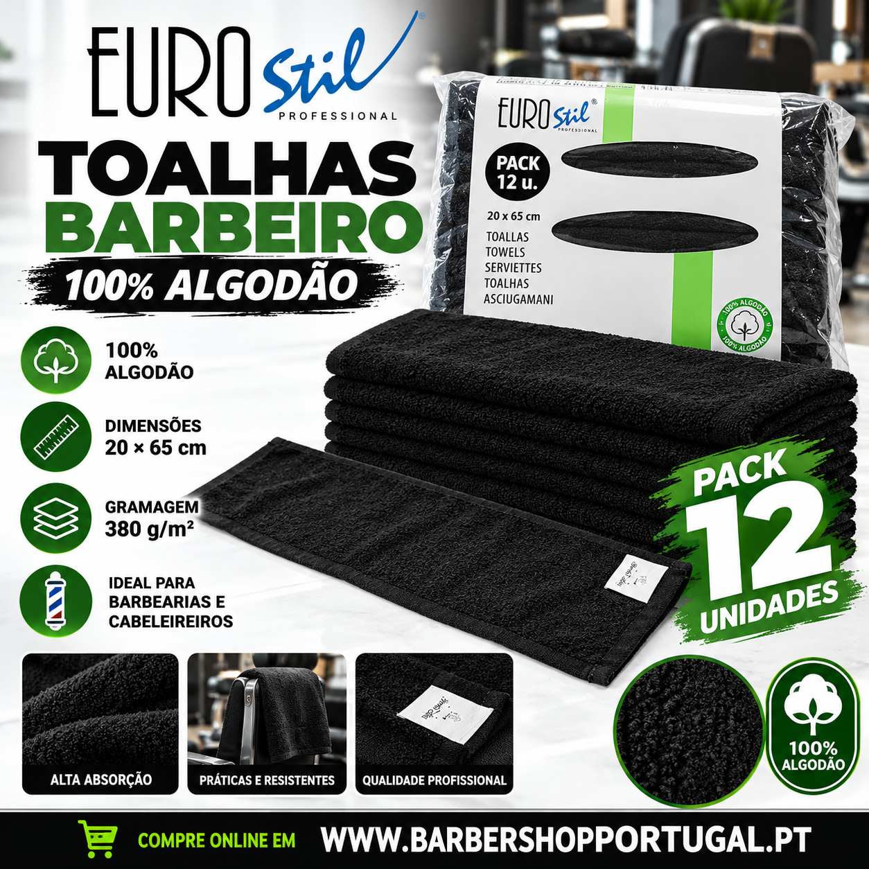 Pacote de 12 toalhas pretas para barbeiro Eurostil 100% algodão 20x65 cm.