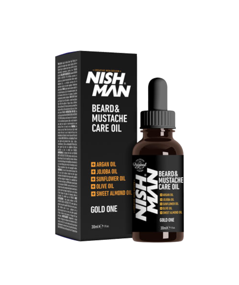 Frasco e caixa de óleo para barba e bigode NISH MAN com fundo transparente