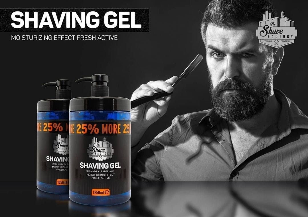 Garrafa de gel de barbear preta com texto e homem com navalha