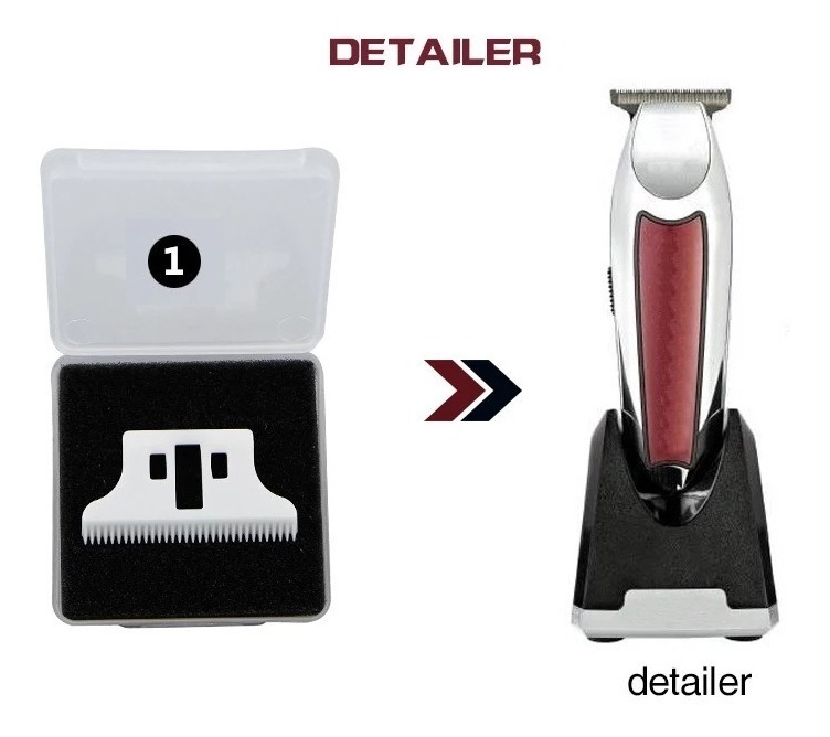 Lâmina de aparador na caixa e aparador de cabelo vermelho e prateado com base preta