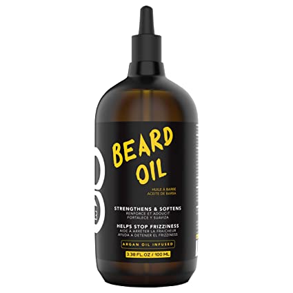 Frasco de óleo para barba castanho com rótulo preto e texto amarelo e branco