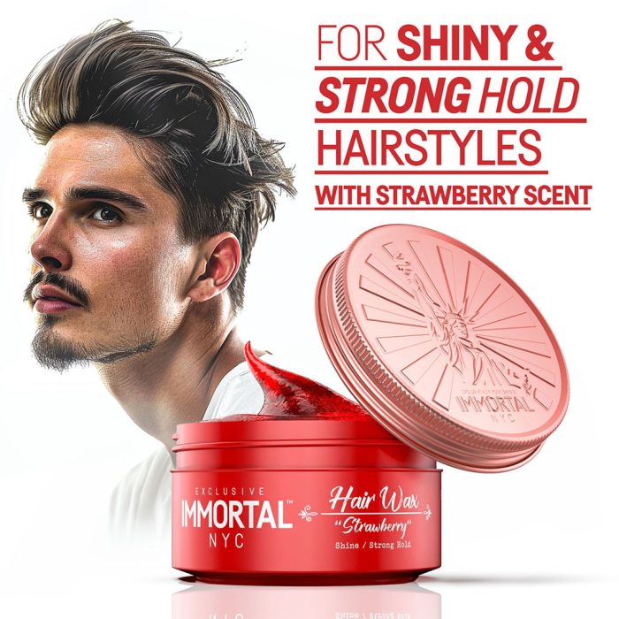 Recipiente vermelho de cera de cabelo IMMORTAL NYC com tampa aberta e homem com cabelo estilo moderno