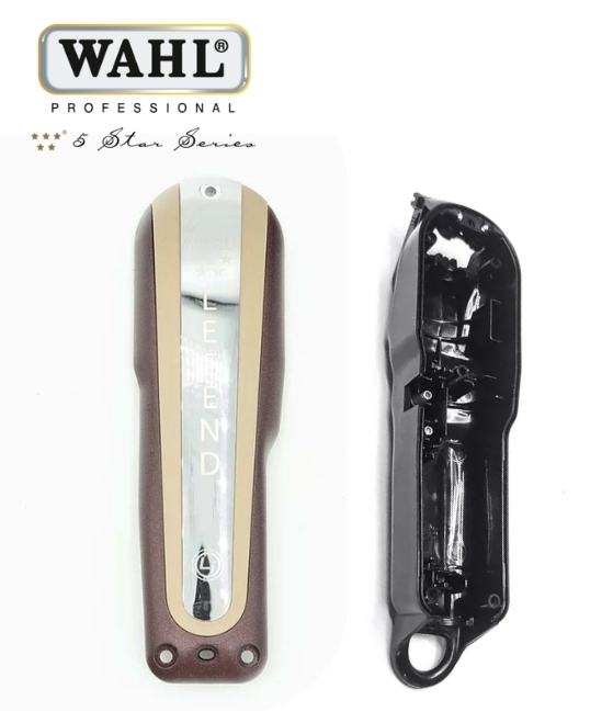 Capas plásticas para máquina de cortar cabelo WAHL PROFESSIONAL 5 Star Series, uma marrom com bege e prata com texto LEGEND, outra preta vazada