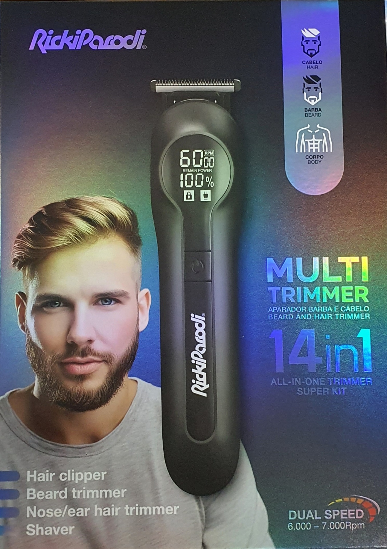Embalagem de aparador de cabelo e barba RickiParodi Multi Trimmer 14 em 1 preta com mostrador digital e nome da marca