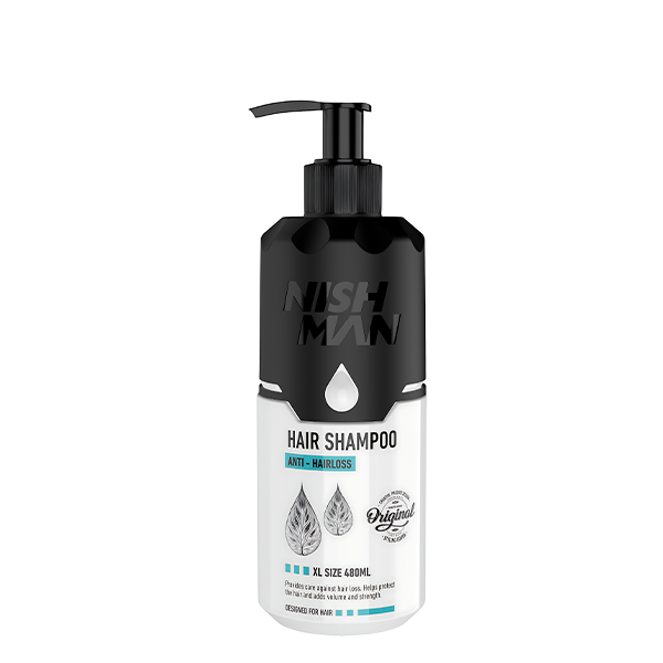 Frasco de champô NISH MAN antiqueda XL 480ml preto e branco