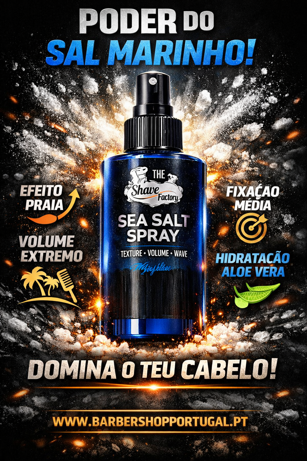 Frasco de spray azul escuro para cabelo com textos promocionais em português sobre sal marinho e hidratação de aloe vera