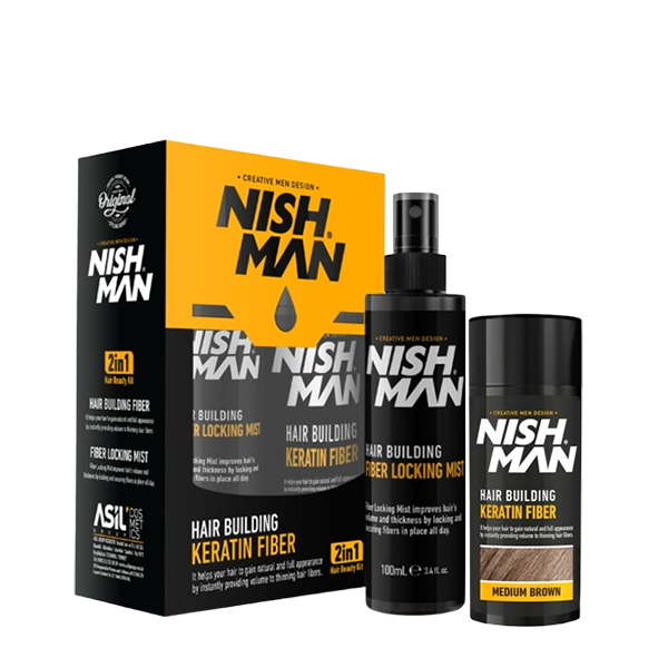 Conjunto de produtos Nish Man Hair Building Keratin Fiber com embalagem preta e amarela