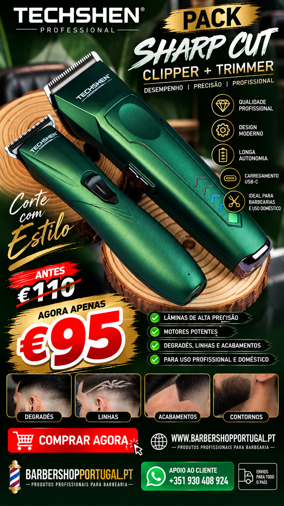 Pack SHARP CUT clipper + trimmer TECHSHEN Professional verde metálico em suporte de madeira com informações e preços promocionais.