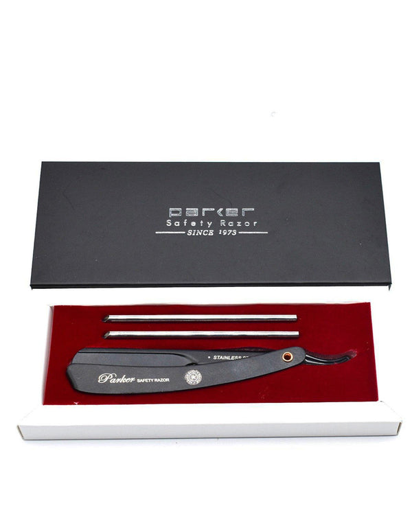 Navalha de barbear Parker com caixa preta e interior vermelho