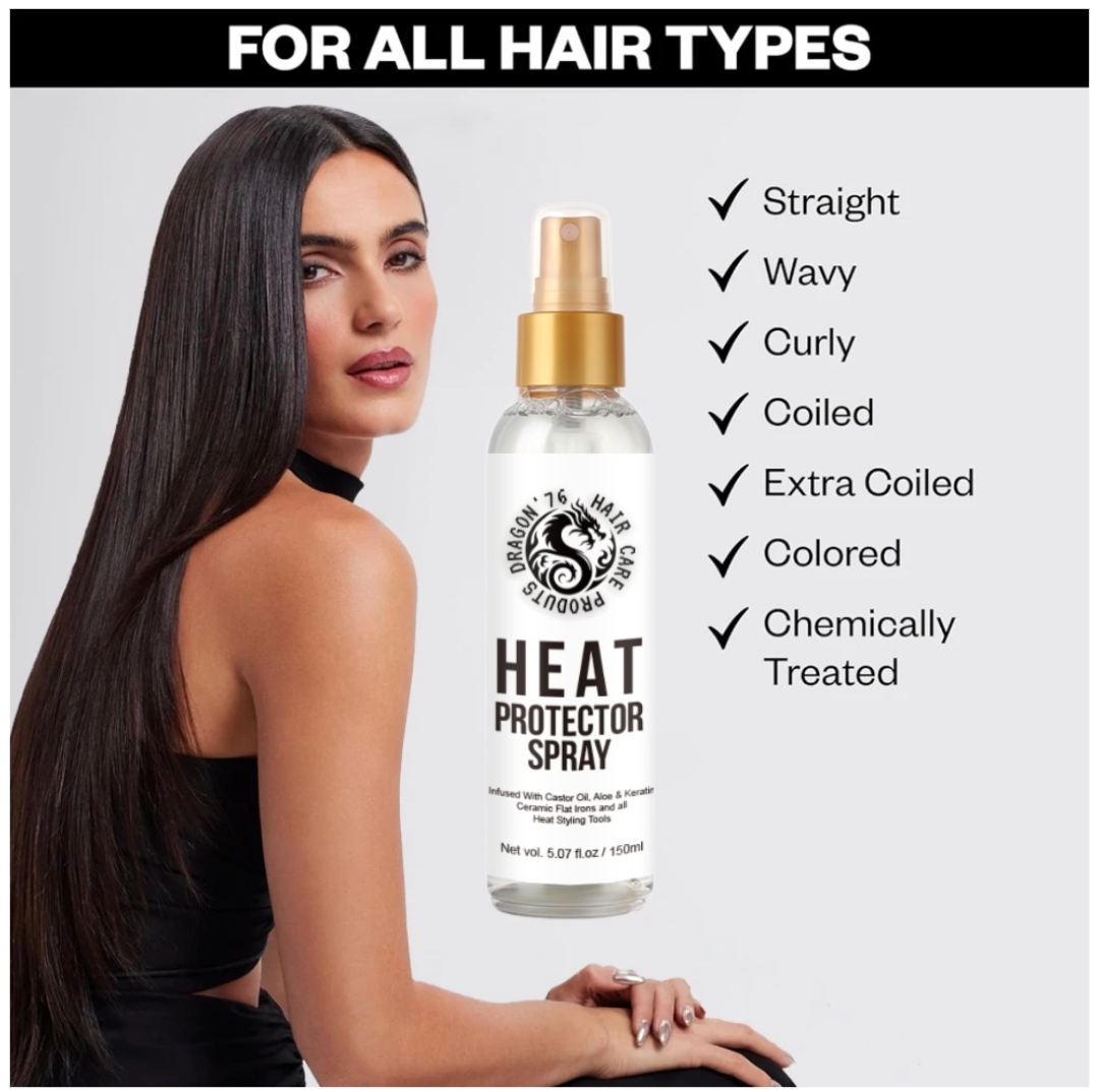 Frasco de spray protetor térmico para cabelo com modelo feminino e texto em fundo branco.