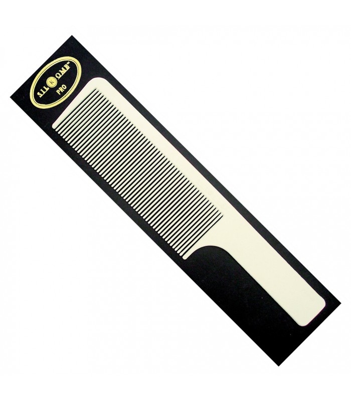 Pente branco de dentes finos em embalagem preta com texto 'LIL QUAFF PRO'