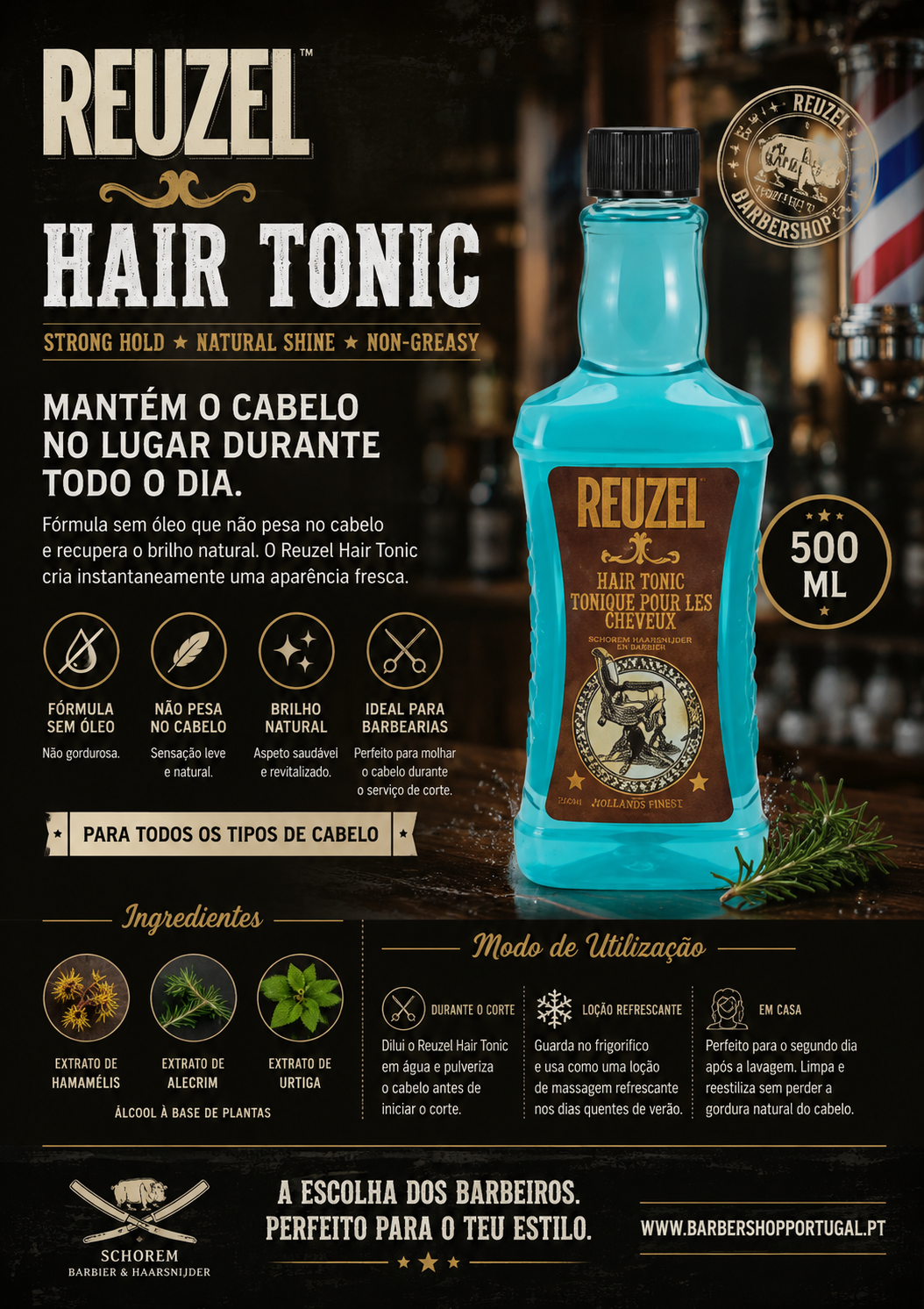 Frasco azul de tónico capilar Reuzel Hair Tonic com rótulo castanho e dourado numa barbearia