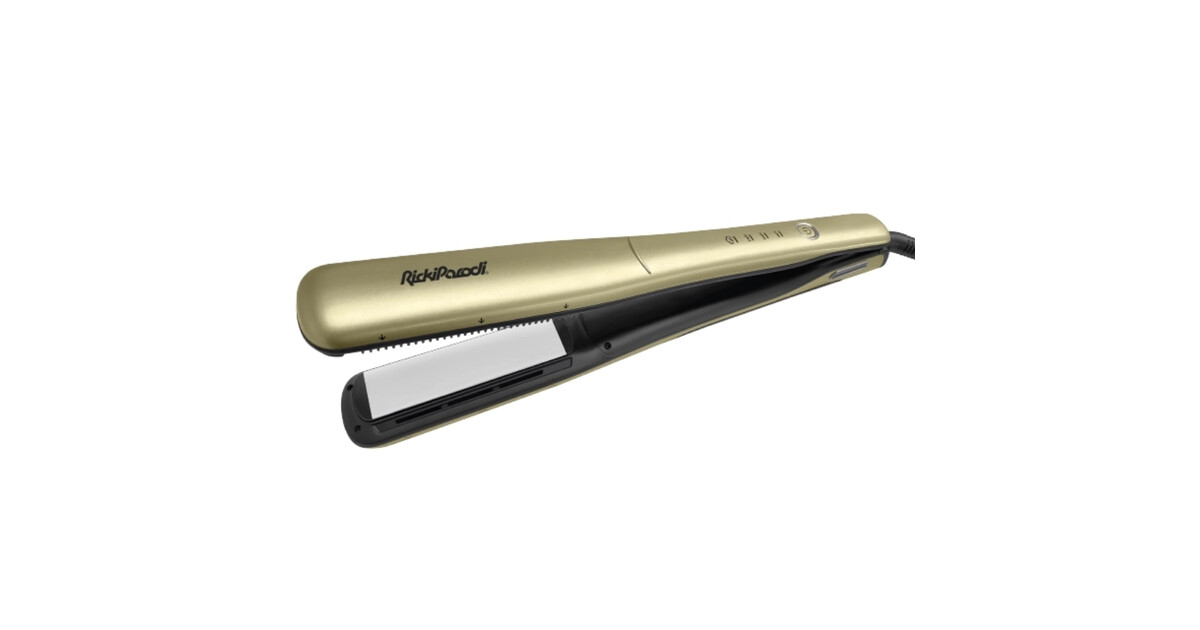 Prancha de alisar cabelo dourada com placas cerâmicas brancas e logótipo RickiParodi