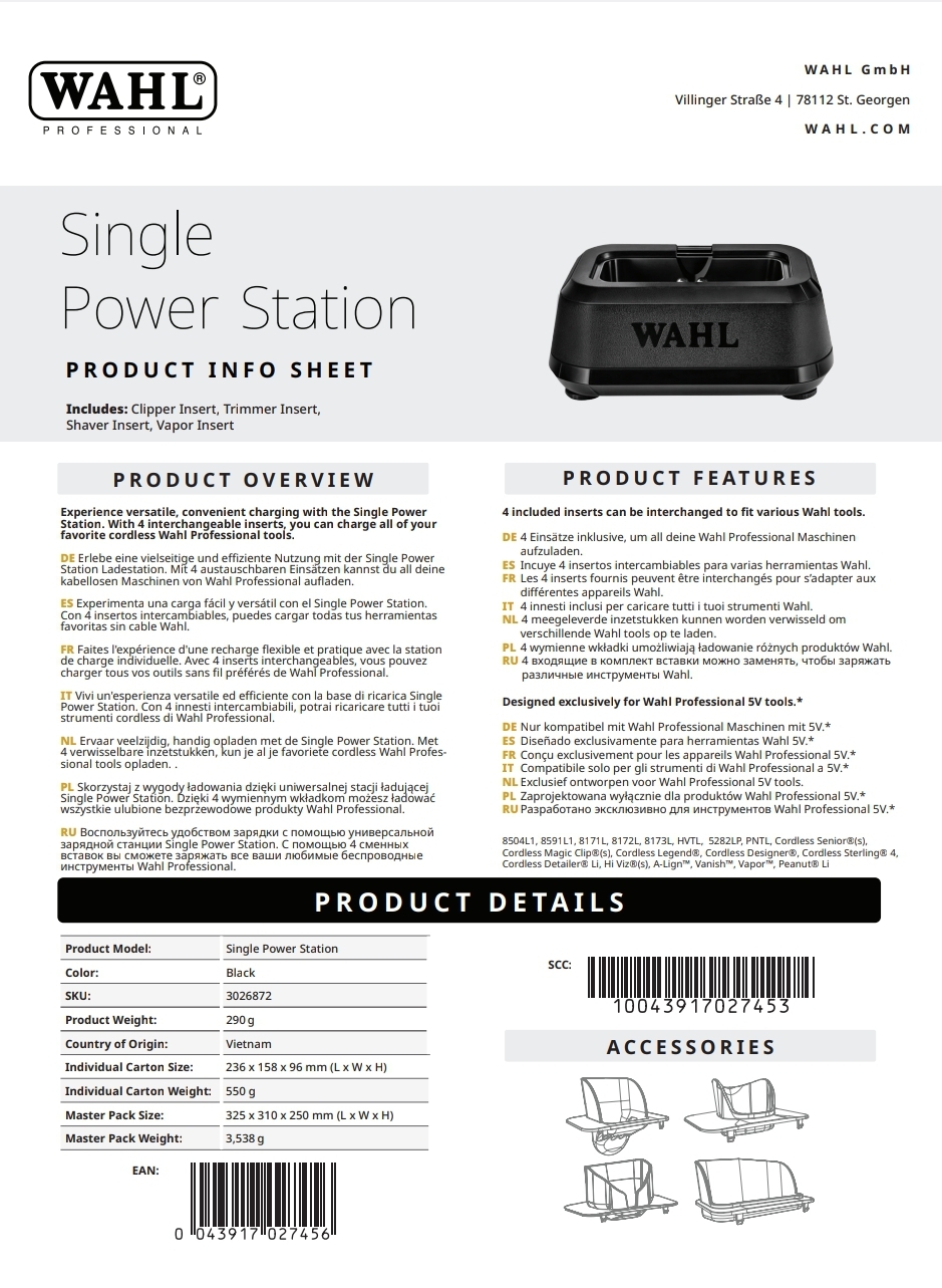 Estação de energia WAHL preta com inserções intercambiáveis em fundo branco