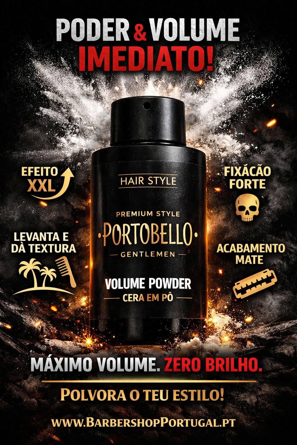 Embalagem preta de cera em pó para cabelo com texto e efeitos visuais em fundo escuro explosivo