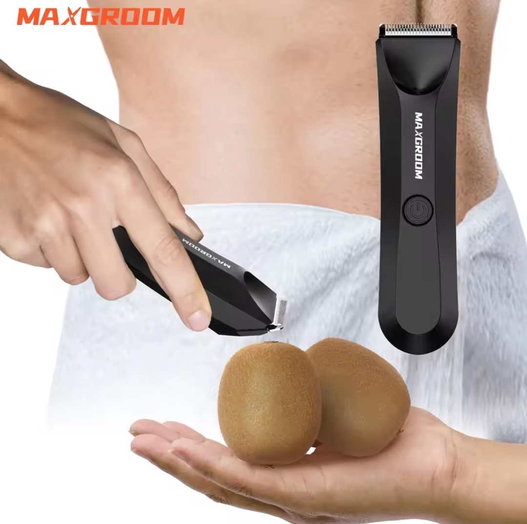 Aparador de pelos preto Maxgroom com homem segurando kiwis e toalha branca