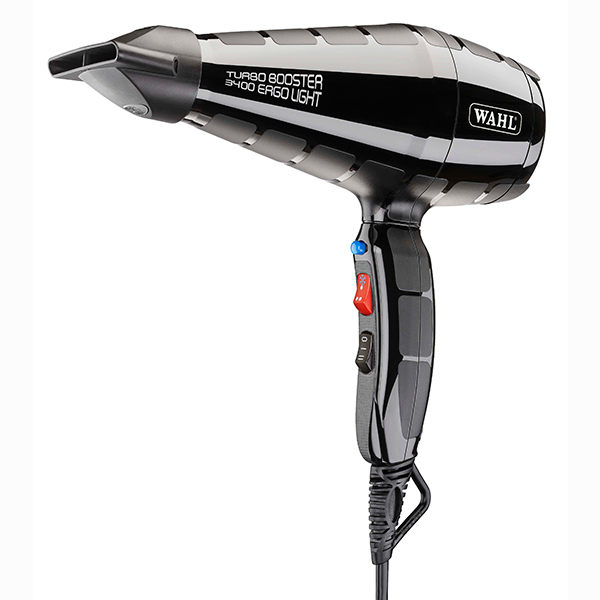 Secador de cabelo preto e prateado com texto TURBO BOOSTER 3400 ERGO LIGHT e WAHL.